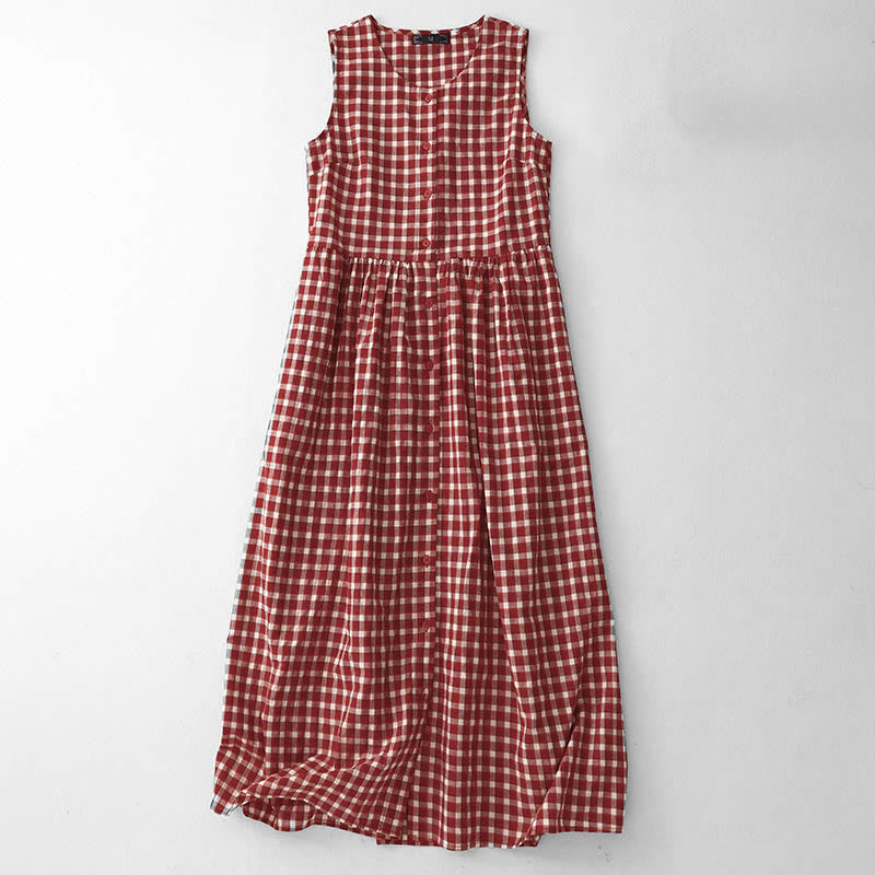 Buddha Stones Plaid Sleeveless Summer Midi Dress With Pockets - FireBrick - US8-10，UK/AU12-14，EU40-42 (2XL) - image 0