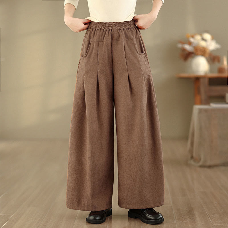 Buddha Stones Spring Plain Brown Corduroy Women's Wide Leg Pants With Pockets - image 2