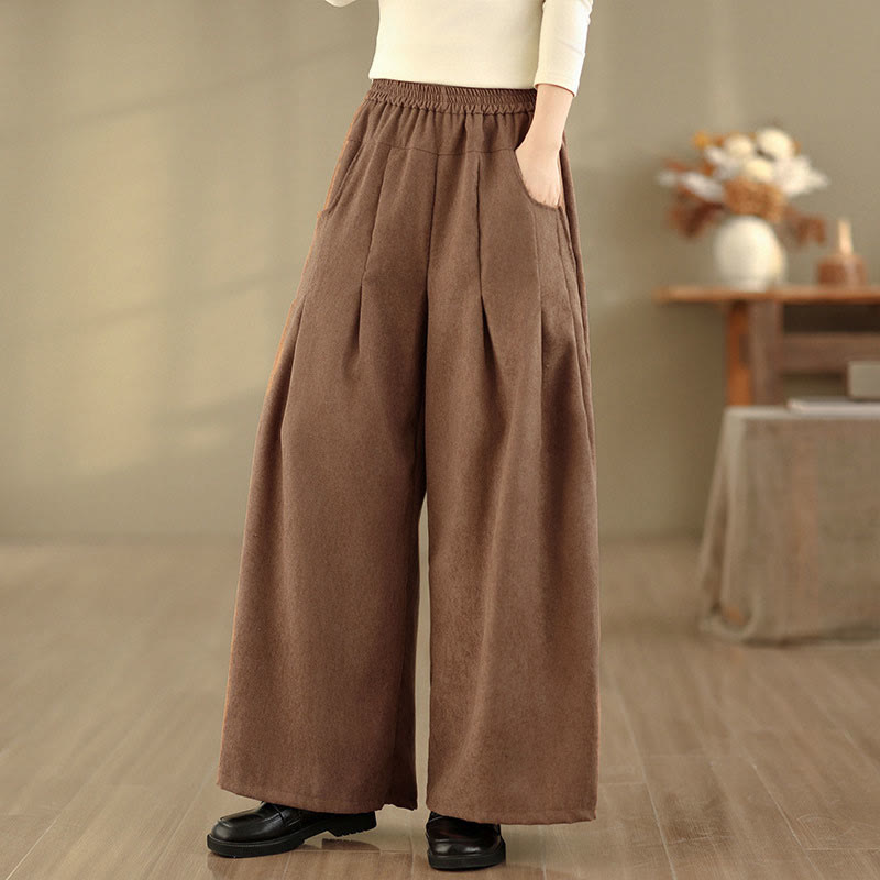 Buddha Stones Spring Plain Brown Corduroy Women's Wide Leg Pants With Pockets - image 3