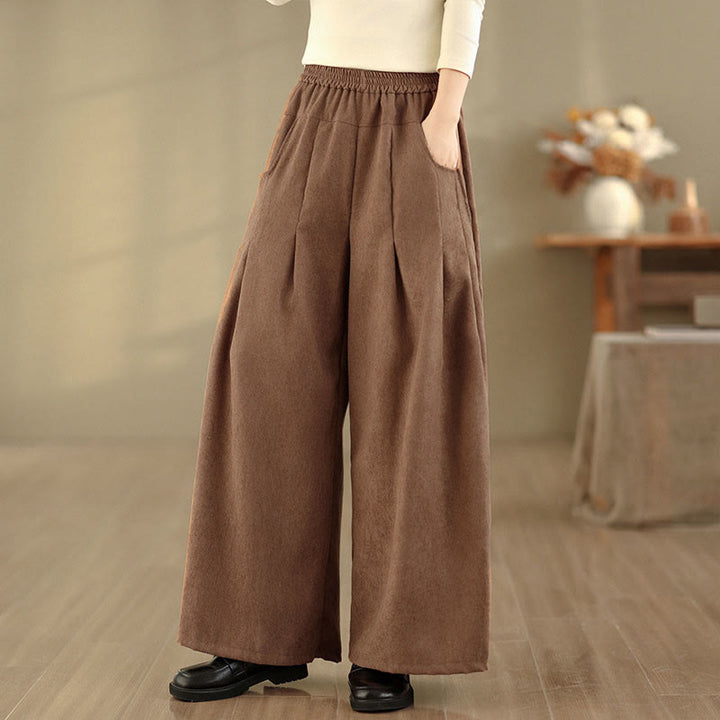 Buddha Stones Spring Plain Brown Corduroy Women's Wide Leg Pants With Pockets - image 3