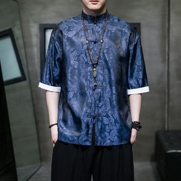 Buddha Stones Summer Cashew Flowers Pattern Men's Frog-Button Half Sleeve Shirts - RoyalBlue - US/UK/AU46，EU56 (5XL) - image 28