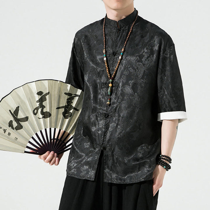 Buddha Stones Summer Cashew Flowers Pattern Men's Frog-Button Half Sleeve Shirts - image 11