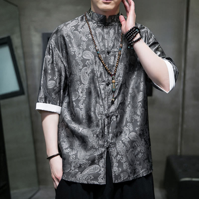 Buddha Stones Summer Cashew Flowers Pattern Men's Frog-Button Half Sleeve Shirts - image 1