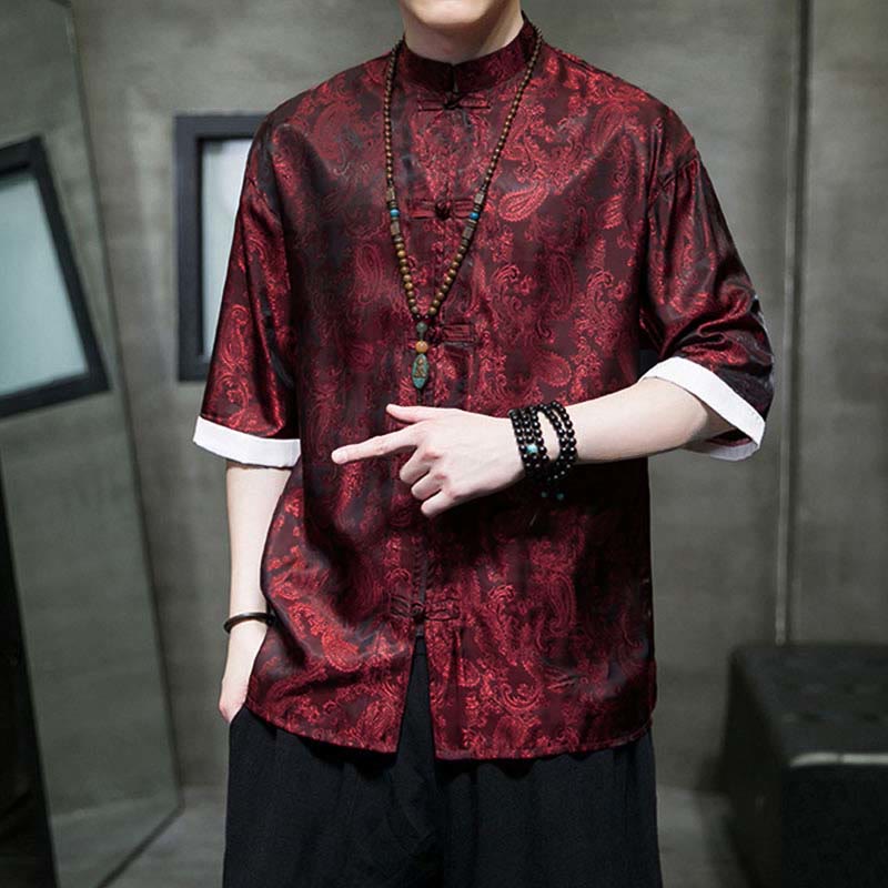 Buddha Stones Summer Cashew Flowers Pattern Men's Frog-Button Half Sleeve Shirts - image 21