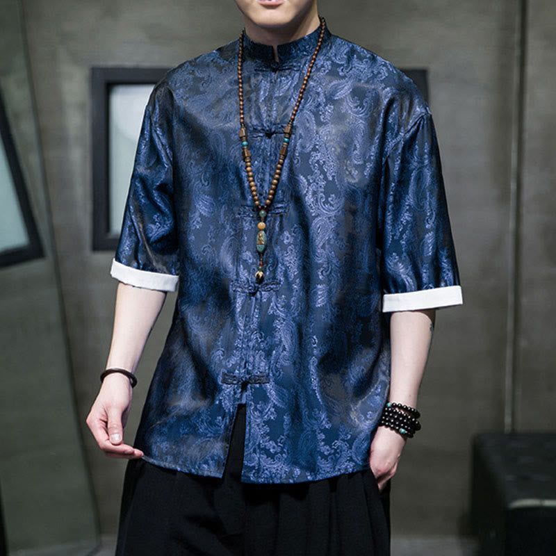 Buddha Stones Summer Cashew Flowers Pattern Men's Frog-Button Half Sleeve Shirts - image 30