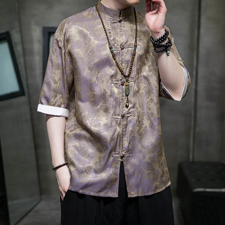 Buddha Stones Summer Cashew Flowers Pattern Men's Frog-Button Half Sleeve Shirts - image 42