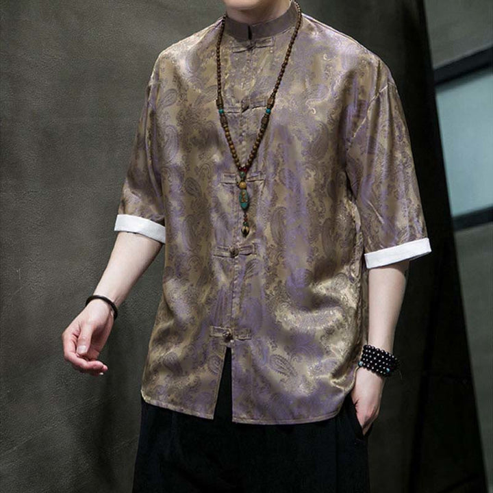 Buddha Stones Summer Cashew Flowers Pattern Men's Frog-Button Half Sleeve Shirts - image 44