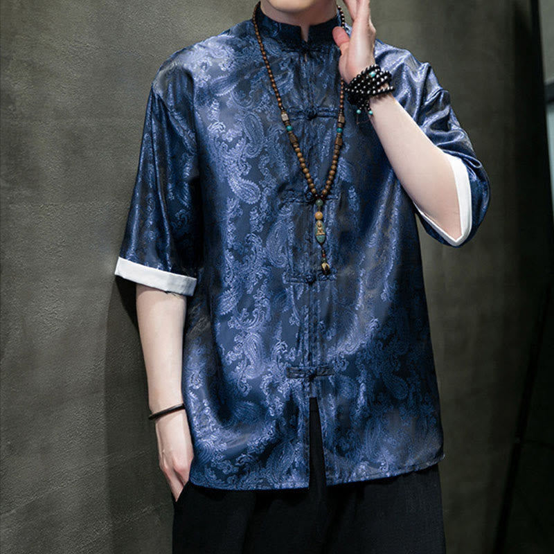 Buddha Stones Summer Cashew Flowers Pattern Men's Frog-Button Half Sleeve Shirts - image 34