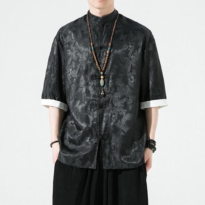 Buddha Stones Summer Cashew Flowers Pattern Men's Frog-Button Half Sleeve Shirts - image 15