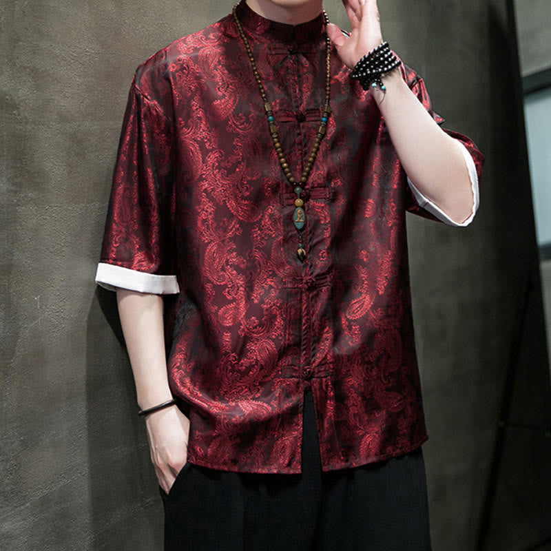 Buddha Stones Summer Cashew Flowers Pattern Men's Frog-Button Half Sleeve Shirts - image 22