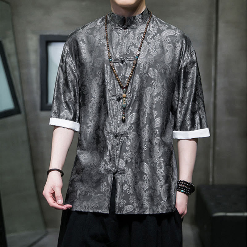 Buddha Stones Summer Cashew Flowers Pattern Men's Frog-Button Half Sleeve Shirts - image 8