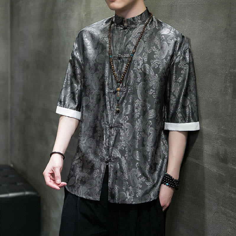 Buddha Stones Summer Cashew Flowers Pattern Men's Frog-Button Half Sleeve Shirts - image 4