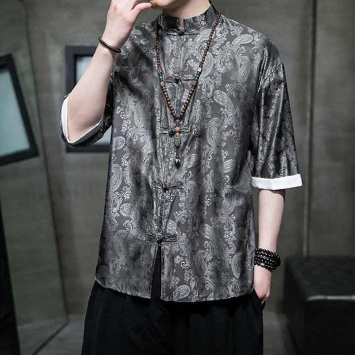 Buddha Stones Summer Cashew Flowers Pattern Men's Frog-Button Half Sleeve Shirts - image 7