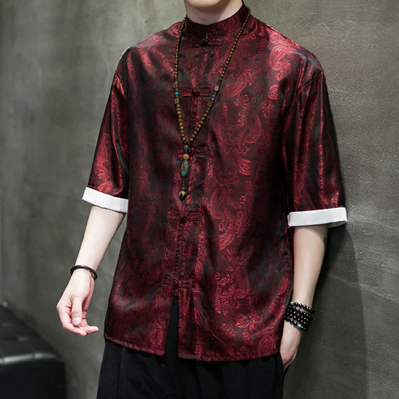 Buddha Stones Summer Cashew Flowers Pattern Men's Frog-Button Half Sleeve Shirts - image 26