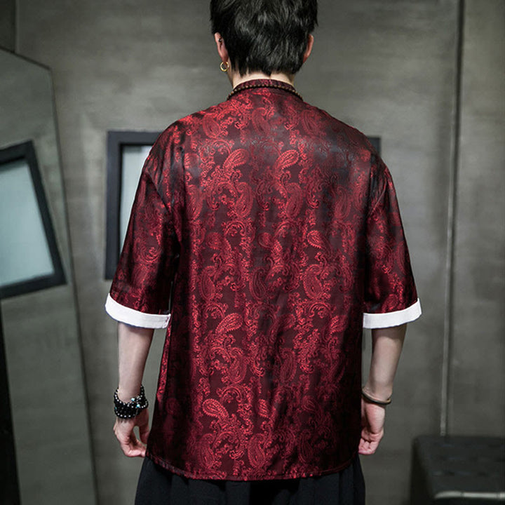 Buddha Stones Summer Cashew Flowers Pattern Men's Frog-Button Half Sleeve Shirts - image 23