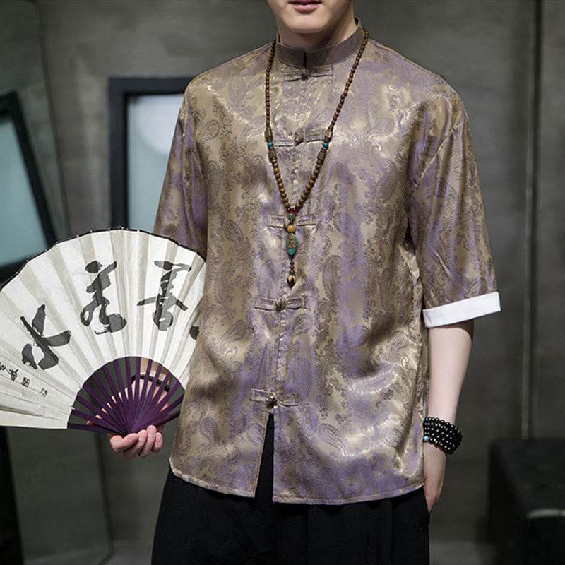 Buddha Stones Summer Cashew Flowers Pattern Men's Frog-Button Half Sleeve Shirts - image 46