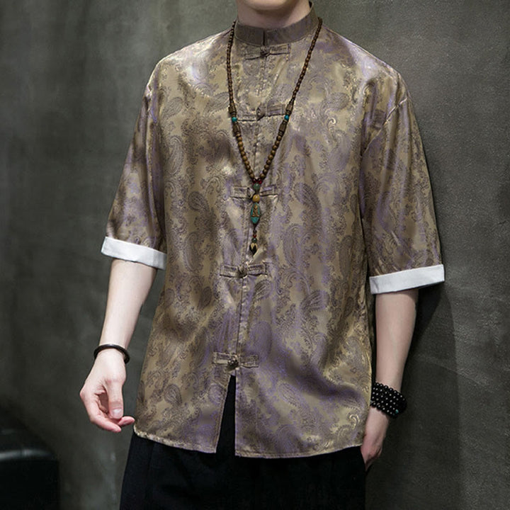 Buddha Stones Summer Cashew Flowers Pattern Men's Frog-Button Half Sleeve Shirts - image 47