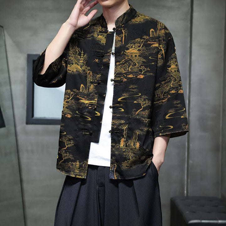 Buddha Stones Spring Frog-Button Dragon Mountain Flower Three Quarter Sleeve Tang Suit Men's Shirt With Pockets - Black - US/UK/AU44，EU54 (5XL) - image 29