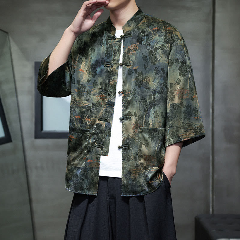 Buddha Stones Spring Frog-Button Dragon Mountain Flower Three Quarter Sleeve Tang Suit Men's Shirt With Pockets - OliveDrab - US/UK/AU44，EU54 (5XL) - image 49