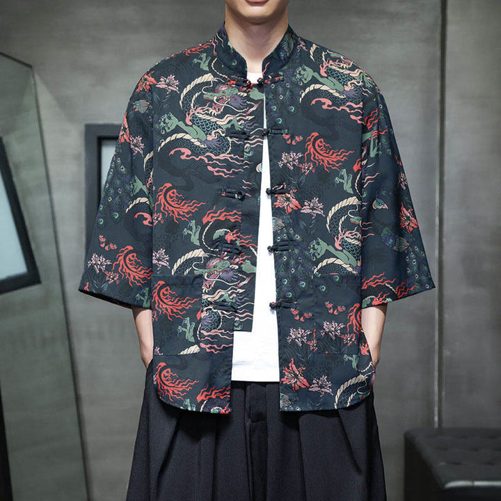 Buddha Stones Spring Frog-Button Dragon Mountain Flower Three Quarter Sleeve Tang Suit Men's Shirt With Pockets - MidnightBlue - US/UK/AU44，EU54 (5XL) - image 19