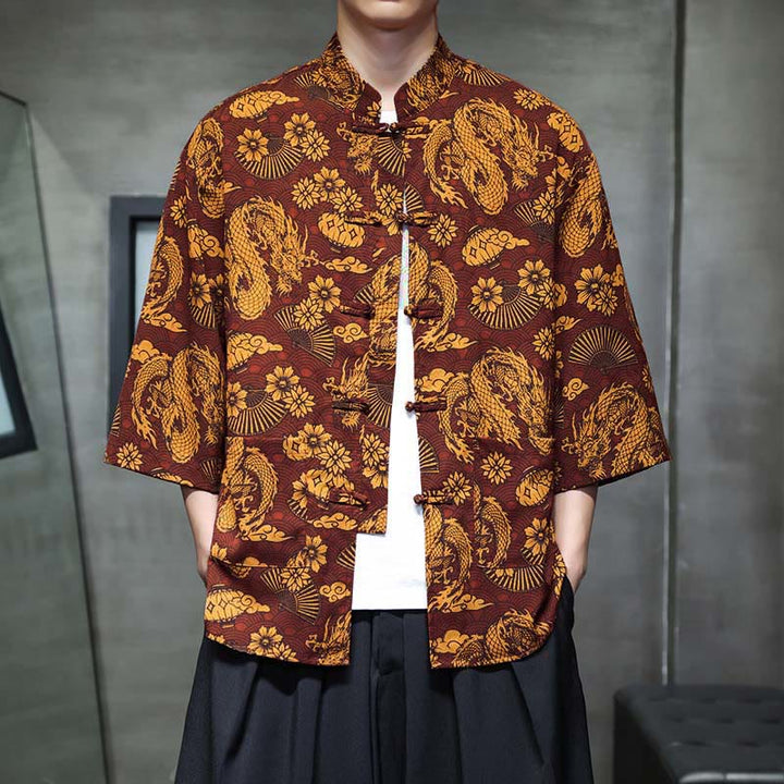 Buddha Stones Spring Frog-Button Dragon Mountain Flower Three Quarter Sleeve Tang Suit Men's Shirt With Pockets - Peru - US/UK/AU44，EU54 (5XL) - image 0