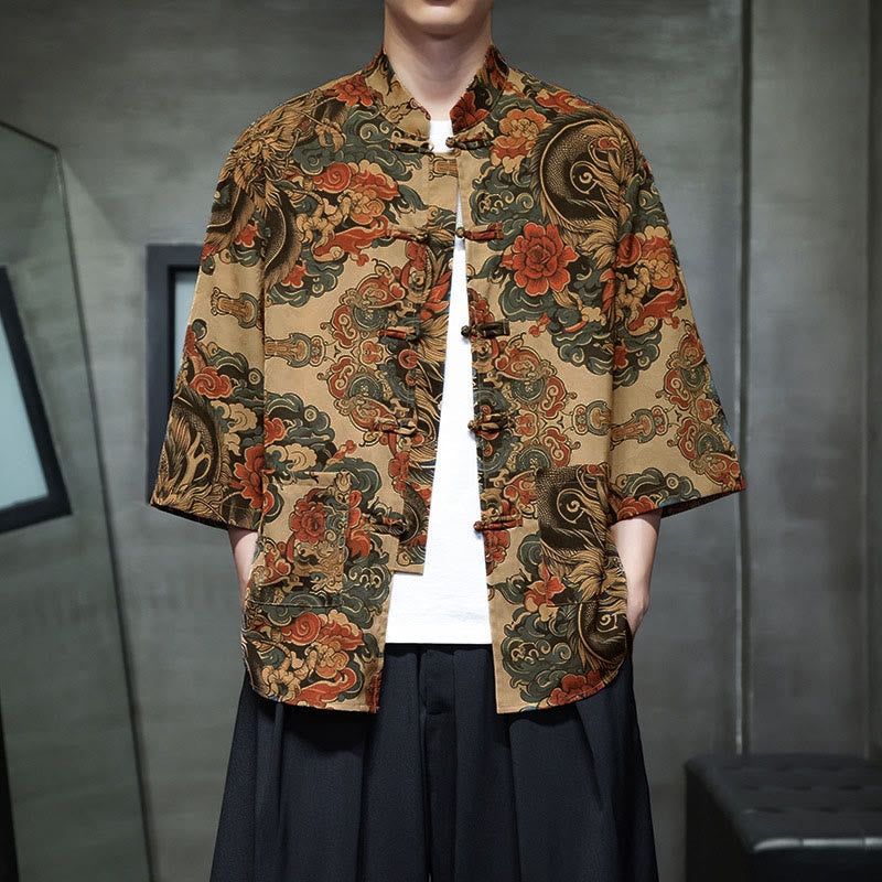 Buddha Stones Spring Frog-Button Dragon Mountain Flower Three Quarter Sleeve Tang Suit Men's Shirt With Pockets - Bisque - US/UK/AU44，EU54 (5XL) - image 10