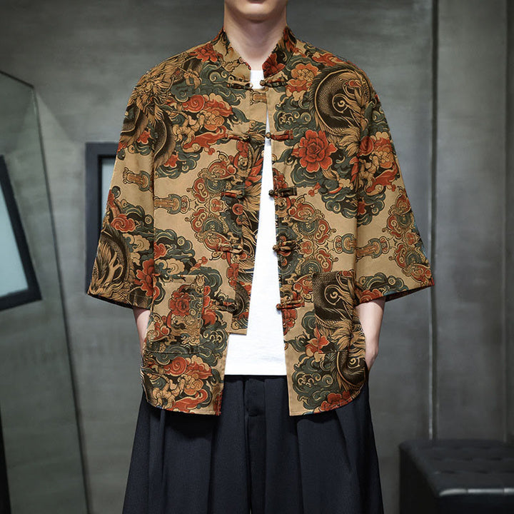 Buddha Stones Spring Frog-Button Dragon Mountain Flower Three Quarter Sleeve Tang Suit Men's Shirt With Pockets - Bisque - US/UK/AU44，EU54 (5XL) - image 10