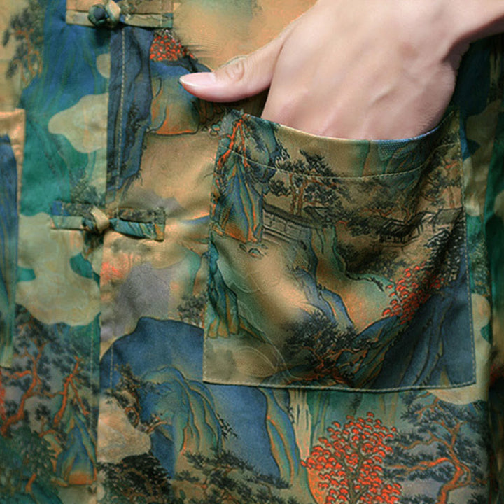 Buddha Stones Spring Frog-Button Dragon Mountain Flower Three Quarter Sleeve Tang Suit Men's Shirt With Pockets - image 48