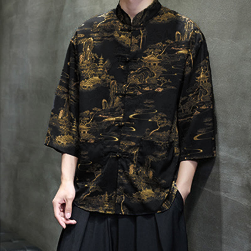 Buddha Stones Spring Frog-Button Dragon Mountain Flower Three Quarter Sleeve Tang Suit Men's Shirt With Pockets - image 36