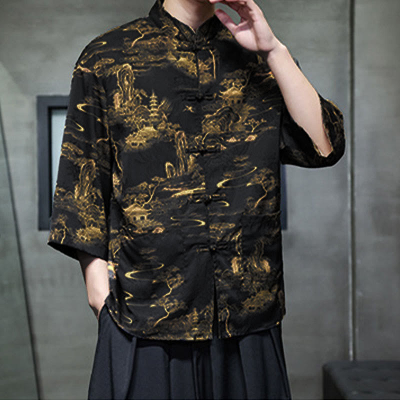 Buddha Stones Spring Frog-Button Dragon Mountain Flower Three Quarter Sleeve Tang Suit Men's Shirt With Pockets - image 30
