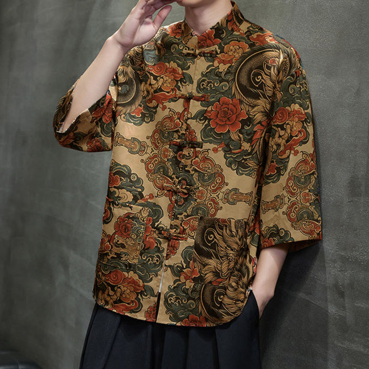 Buddha Stones Spring Frog-Button Dragon Mountain Flower Three Quarter Sleeve Tang Suit Men's Shirt With Pockets - image 18