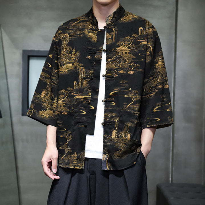 Buddha Stones Spring Frog-Button Dragon Mountain Flower Three Quarter Sleeve Tang Suit Men's Shirt With Pockets - image 34