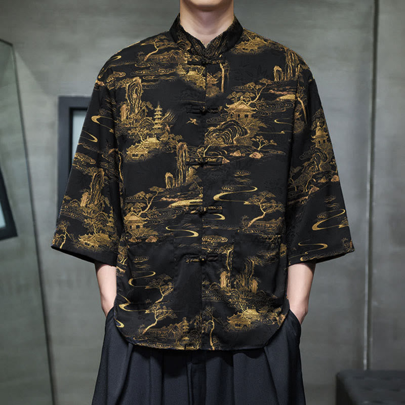 Buddha Stones Spring Frog-Button Dragon Mountain Flower Three Quarter Sleeve Tang Suit Men's Shirt With Pockets - image 32