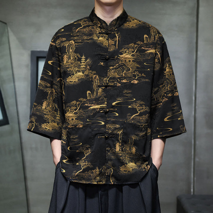 Buddha Stones Spring Frog-Button Dragon Mountain Flower Three Quarter Sleeve Tang Suit Men's Shirt With Pockets - image 32