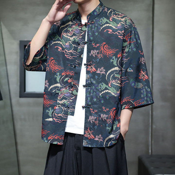 Buddha Stones Spring Frog-Button Dragon Mountain Flower Three Quarter Sleeve Tang Suit Men's Shirt With Pockets - image 20