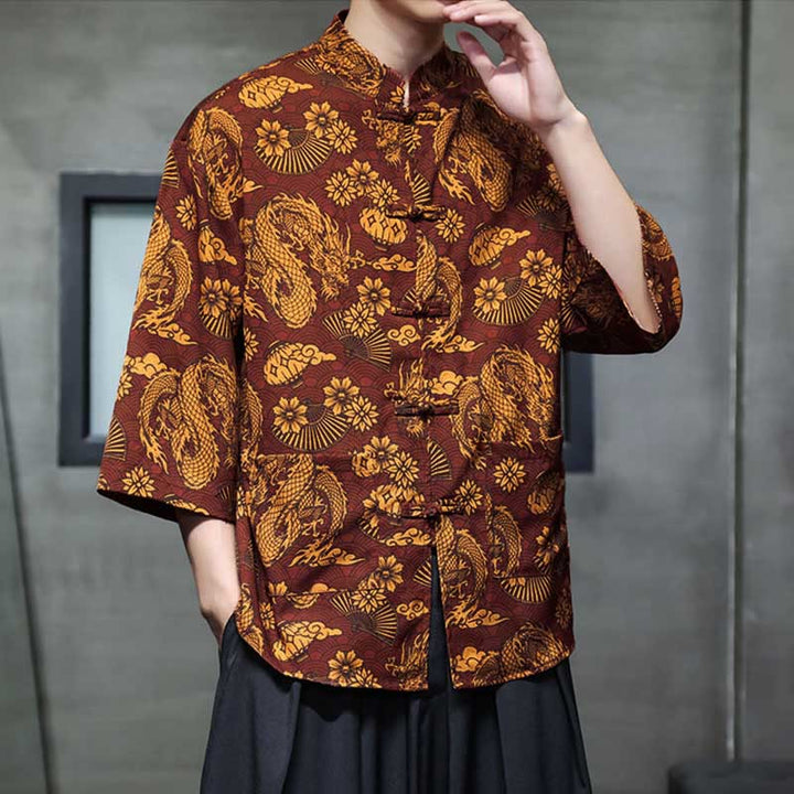 Buddha Stones Spring Frog-Button Dragon Mountain Flower Three Quarter Sleeve Tang Suit Men's Shirt With Pockets - image 1