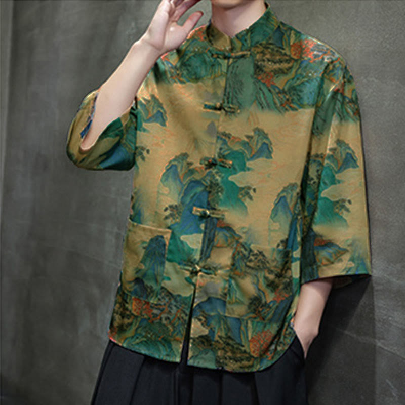 Buddha Stones Spring Frog-Button Dragon Mountain Flower Three Quarter Sleeve Tang Suit Men's Shirt With Pockets - image 42