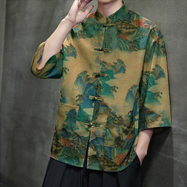 Buddha Stones Spring Frog-Button Dragon Mountain Flower Three Quarter Sleeve Tang Suit Men's Shirt With Pockets - image 42