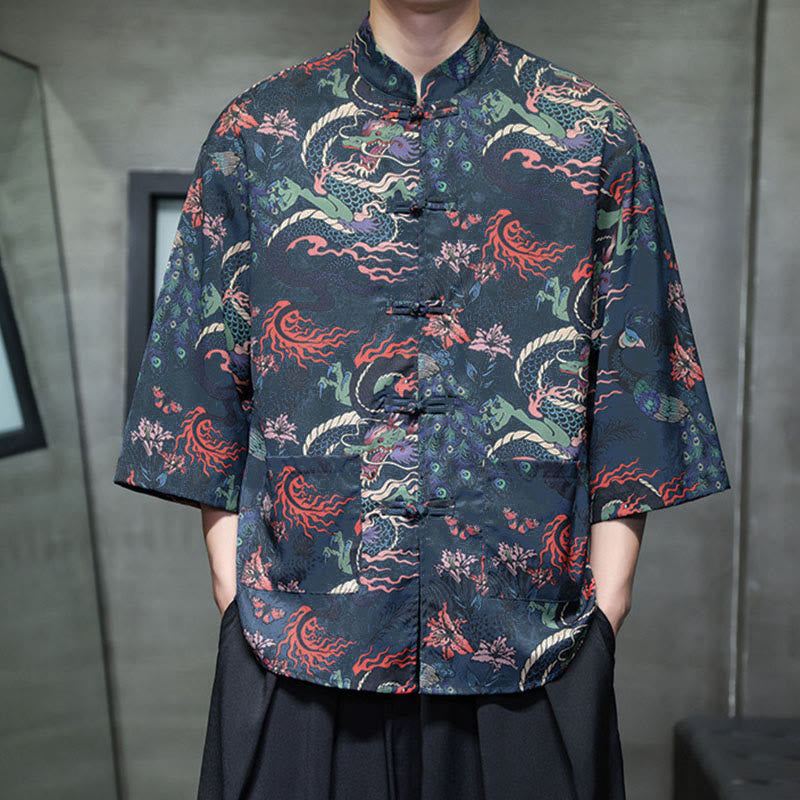 Buddha Stones Spring Frog-Button Dragon Mountain Flower Three Quarter Sleeve Tang Suit Men's Shirt With Pockets - image 26