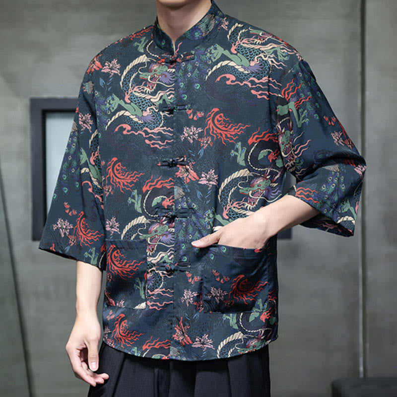 Buddha Stones Spring Frog-Button Dragon Mountain Flower Three Quarter Sleeve Tang Suit Men's Shirt With Pockets - image 25