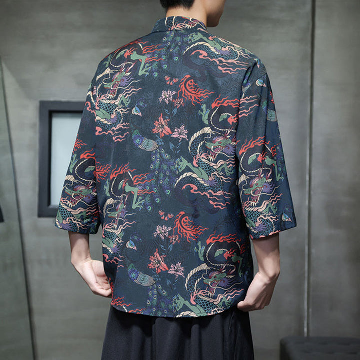 Buddha Stones Spring Frog-Button Dragon Mountain Flower Three Quarter Sleeve Tang Suit Men's Shirt With Pockets - image 23