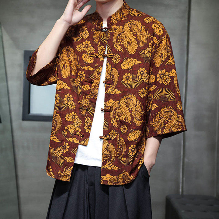 Buddha Stones Spring Frog-Button Dragon Mountain Flower Three Quarter Sleeve Tang Suit Men's Shirt With Pockets - image 3