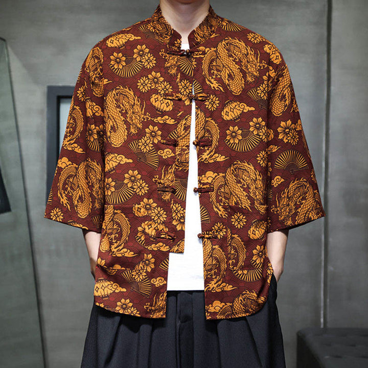 Buddha Stones Spring Frog-Button Dragon Mountain Flower Three Quarter Sleeve Tang Suit Men's Shirt With Pockets - image 9