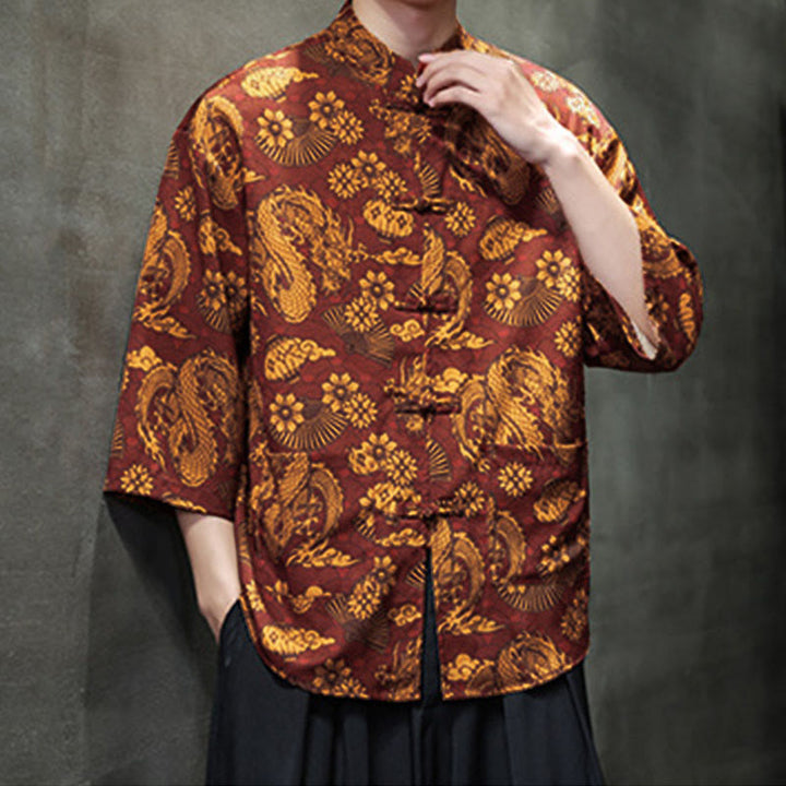 Buddha Stones Spring Frog-Button Dragon Mountain Flower Three Quarter Sleeve Tang Suit Men's Shirt With Pockets - image 6