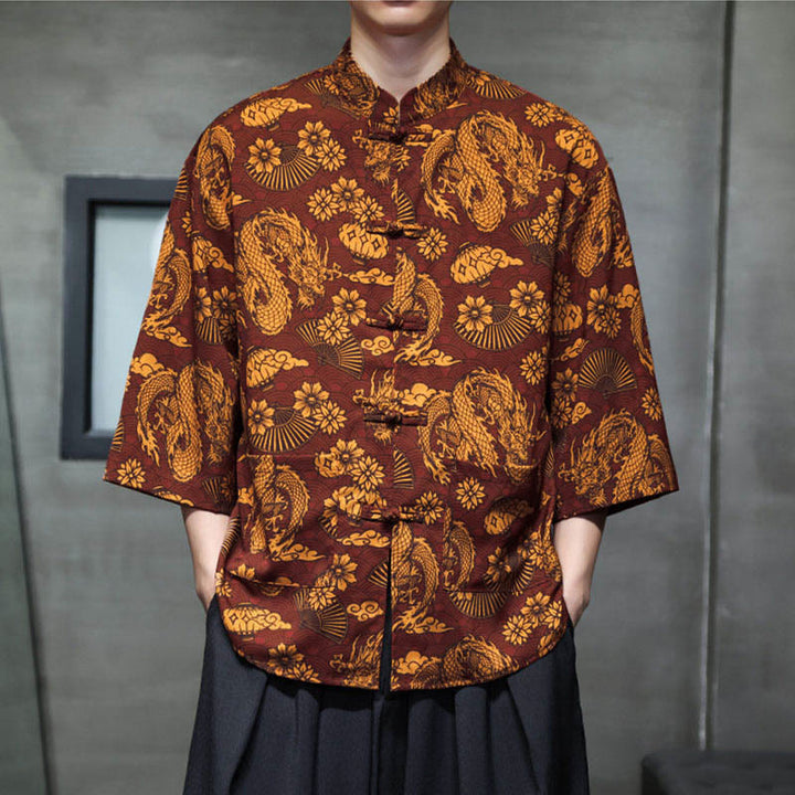 Buddha Stones Spring Frog-Button Dragon Mountain Flower Three Quarter Sleeve Tang Suit Men's Shirt With Pockets - image 5