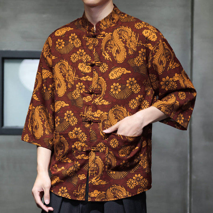 Buddha Stones Spring Frog-Button Dragon Mountain Flower Three Quarter Sleeve Tang Suit Men's Shirt With Pockets - image 8