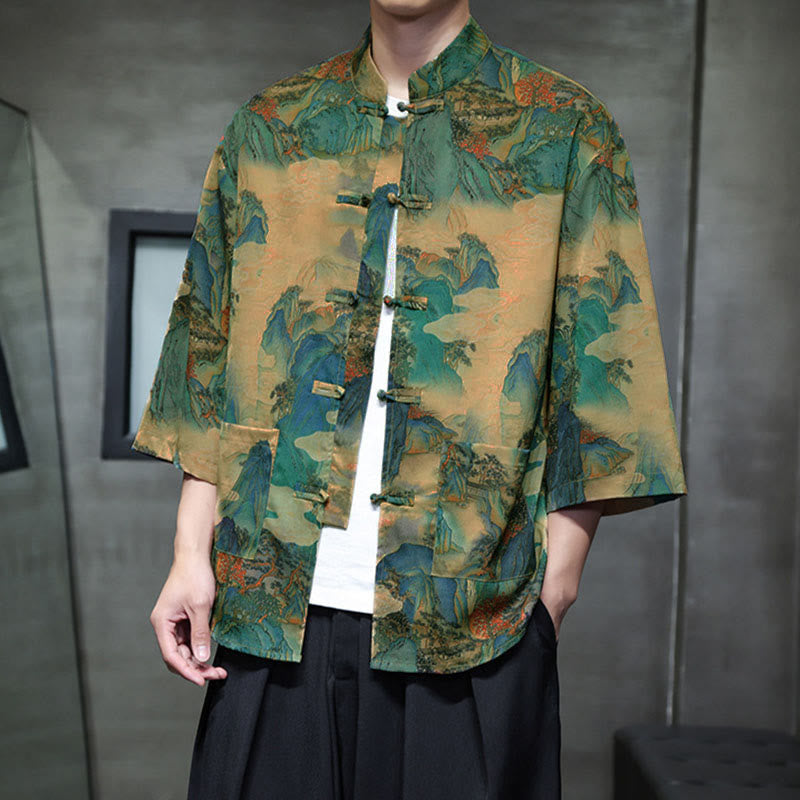 Buddha Stones Spring Frog-Button Dragon Mountain Flower Three Quarter Sleeve Tang Suit Men's Shirt With Pockets - image 41