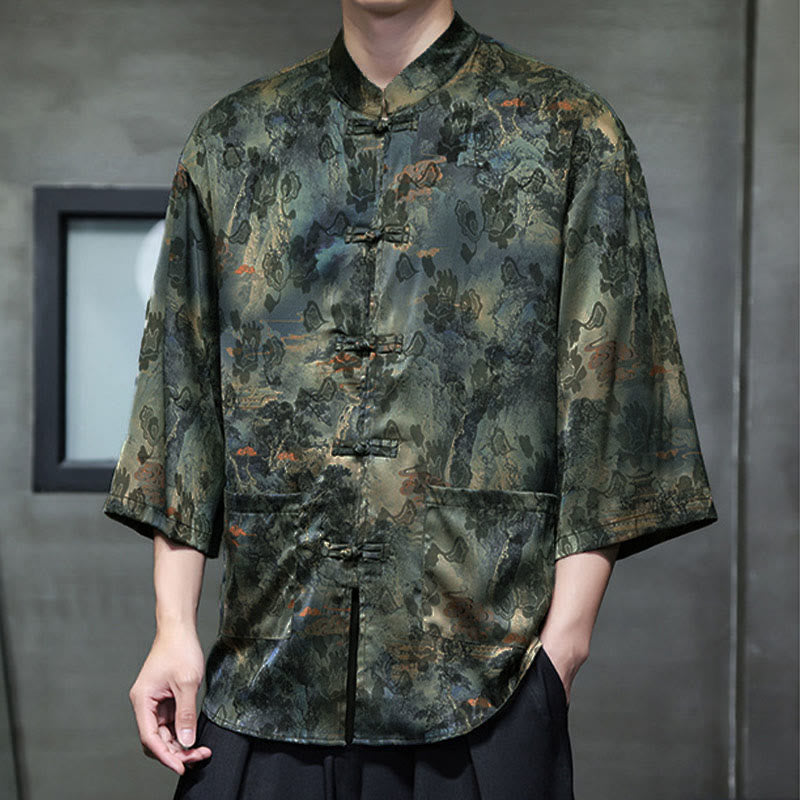 Buddha Stones Spring Frog-Button Dragon Mountain Flower Three Quarter Sleeve Tang Suit Men's Shirt With Pockets - image 51