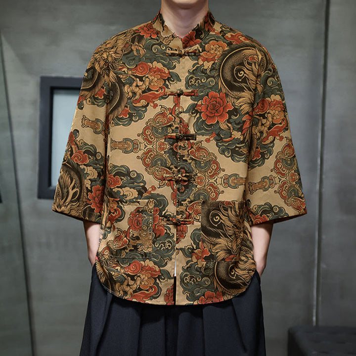 Buddha Stones Spring Frog-Button Dragon Mountain Flower Three Quarter Sleeve Tang Suit Men's Shirt With Pockets - image 16