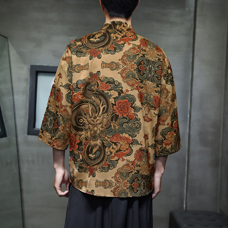Buddha Stones Spring Frog-Button Dragon Mountain Flower Three Quarter Sleeve Tang Suit Men's Shirt With Pockets - image 13